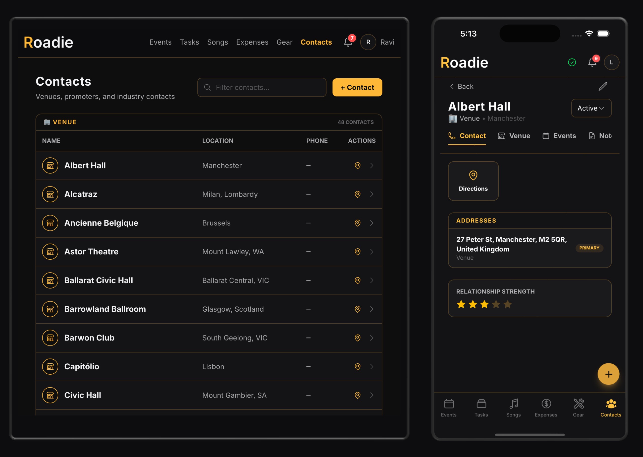 Your venues, promoters, and crew — organised and shared.